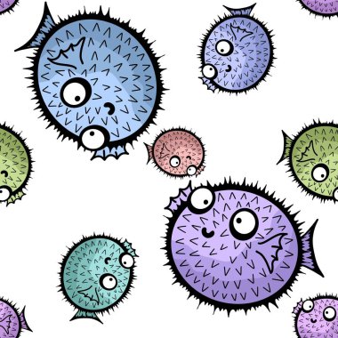 Çizgi filmlerdeki hayvanlar, ambalajsız balon balığı fugu desenli ambalaj kağıtları, kumaşlar, çarşaflar, çocuk giysileri baskıları, şenlikli ambalajlar ve yaz aksesuarları. Yüksek kaliteli illüstrasyon