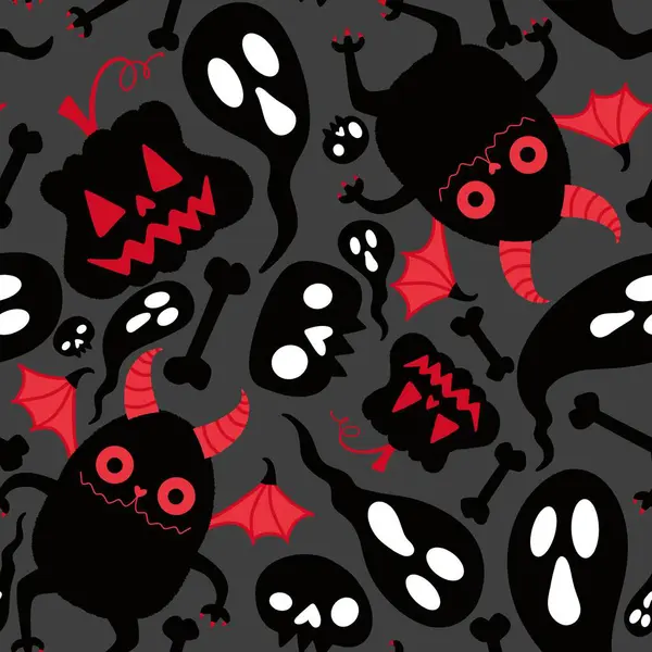 Карикатурные Монстры Хэллоуин Бесшовные Летучие Мыши Тыквы Призрак Кости Узор — стоковое фото