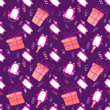 Noel karikatür hayvanları kağıt ve kumaşlar için kusursuz penguen desenleri ve neşeli ambalajlar ve çocukların baskısı ve doğum günü aksesuarları ve parti kıyafetleri. Yüksek kaliteli illüstrasyon