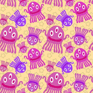 Çizgi film canavarları, ambalajsız ahtapot desenli kağıtlar ve çocuk giysileri baskılar, kumaşlar ve yaz aksesuarları ve festival ambalajları ve okul defterleri. Yüksek kaliteli illüstrasyon