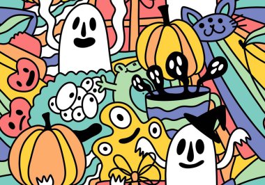 Cadılar Bayramı çizgi filmlerinde balkabağı ve hayalet desenleri ambalaj kağıdı, kumaş, çarşaf, çocuk giysisi baskısı, şenlik ambalajı ve sonbahar aksesuarları. Yüksek kaliteli illüstrasyon