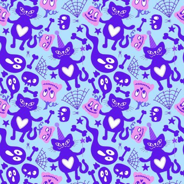 Cadılar Bayramı kedileri, pürüzsüz balkabakları kumaşlar, çarşaflar, çocuk giysileri baskıları, şenlikli aksesuarlar ve sonbahar ambalajları için hayalet desenleri. Yüksek kaliteli illüstrasyon