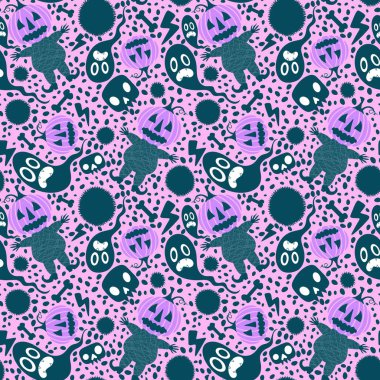 Cadılar Bayramı balkabakları kusursuz hasat canavarları desenli ambalaj kağıtları, kumaşlar, çarşaflar çocuk giysileri baskıları, şenlik aksesuarları ve sonbahar ambalajları. Yüksek kaliteli illüstrasyon