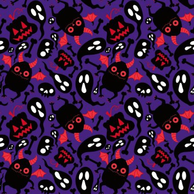 Çizgi film cadılar bayramı canavarları dikişsiz yarasalar, balkabakları hayalet ve kemik desenleri kağıt, kumaş, çarşaf ve sonbahar aksesuarları ve şenlikli ambalajlar için. Yüksek kaliteli illüstrasyon