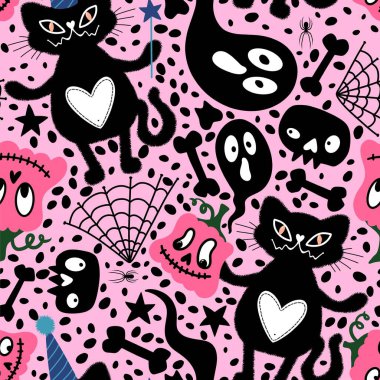 Cadılar Bayramı kedileri, pürüzsüz balkabakları kumaşlar, çarşaflar, çocuk giysileri baskıları, şenlikli aksesuarlar ve sonbahar ambalajları için hayalet desenleri. Yüksek kaliteli illüstrasyon