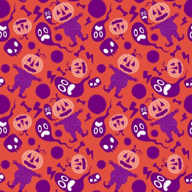 Cadılar Bayramı balkabakları kusursuz hasat canavarları desenli ambalaj kağıtları, kumaşlar, çarşaflar çocuk giysileri baskıları, şenlik aksesuarları ve sonbahar ambalajları. Yüksek kaliteli illüstrasyon