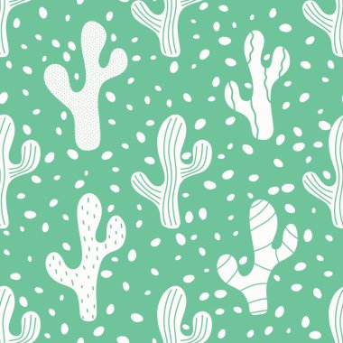 Kumaşlar, çarşaflar, ambalaj kağıtları, şenlikli ambalajlar, mayolar ve plaj aksesuarları için yaz çiçeksiz kaktüs deseni. Yüksek kaliteli illüstrasyon