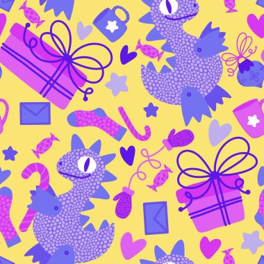 Noel ağacı dikişsiz ejderha, hediye kutusu, toplar ve penguen desenli ambalaj kağıtları, kumaşlar, kış aksesuarları, çocuk baskısı ve Noel paketi ve parti. Yüksek kaliteli illüstrasyon