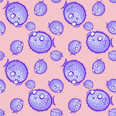 Çizgi filmlerdeki hayvanlar, ambalajsız balon balığı fugu desenli ambalaj kağıtları, kumaşlar, çarşaflar, çocuk giysileri baskıları, şenlikli ambalajlar ve yaz aksesuarları. Yüksek kaliteli illüstrasyon