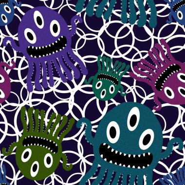 Çizgi film canavarları, ambalajsız ahtapot desenli kağıtlar ve çocuk giysileri baskılar, kumaşlar ve yaz aksesuarları ve festival ambalajları ve okul defterleri. Yüksek kaliteli illüstrasyon