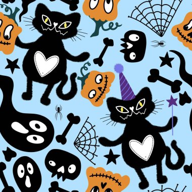 Cadılar Bayramı kedileri, pürüzsüz balkabakları kumaşlar, çarşaflar, çocuk giysileri baskıları, şenlikli aksesuarlar ve sonbahar ambalajları için hayalet desenleri. Yüksek kaliteli illüstrasyon