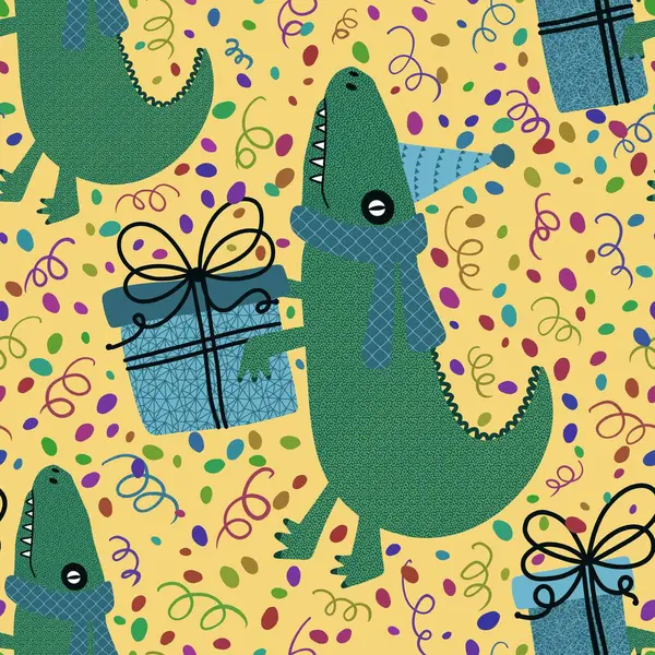 Verjaardagsfeestje Naadloze Krokodil Geschenkdoos Patroon Voor Het Inpakken Van Papier — Stockfoto
