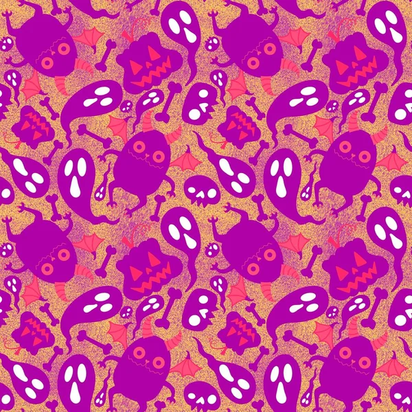 Cartoon Halloween monsters seamless bats and pumpkins and ghost and bones pattern for wrapping paper and fabrics and linens and autumn accessories and festive packaging. High quality illustration