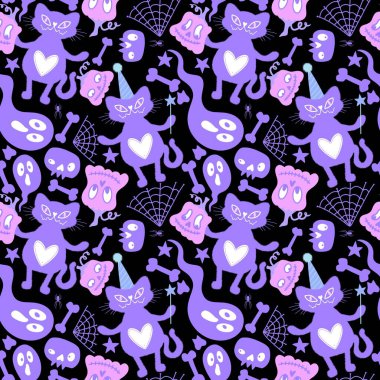 Cadılar Bayramı kedileri, pürüzsüz balkabakları kumaşlar, çarşaflar, çocuk giysileri baskıları, şenlikli aksesuarlar ve sonbahar ambalajları için hayalet desenleri. Yüksek kaliteli illüstrasyon