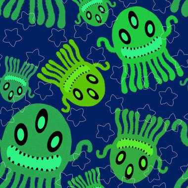 Çizgi film canavarları, ambalajsız ahtapot desenli kağıtlar ve çocuk giysileri baskılar, kumaşlar ve yaz aksesuarları ve festival ambalajları ve okul defterleri. Yüksek kaliteli illüstrasyon