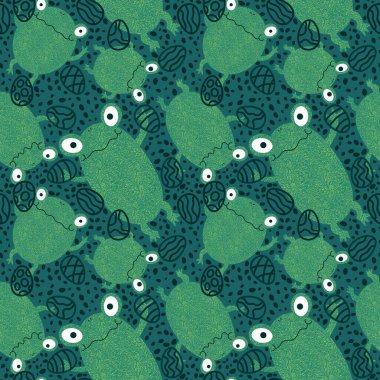 Paskalya yumurtaları ve hayvanlar kağıt, kumaş ve çarşaf sarmak için kusursuz kurbağa desenleri ve çocuk giysileri baskısı ve bayram ambalajı ve mutfak tekstili. Yüksek kaliteli illüstrasyon