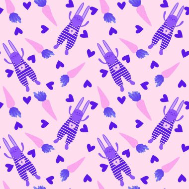 Paskalya çizgi filminde havuç deseni ambalaj kağıdı, kumaş, çarşaf, mutfak tekstili, şenlikli ambalaj ve bahar aksesuarları için. Yüksek kaliteli illüstrasyon