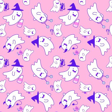 Cadılar Bayramı canavarları kağıt, kumaş, çarşaf, çocuk giysisi baskısı, şenlik ambalajı ve sonbahar aksesuarları için kusursuz hayalet desenleri. Yüksek kaliteli illüstrasyon