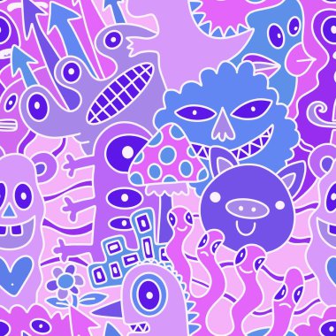 Çizgi film canavarları, ambalaj kağıtları, kumaşlar, çarşaflar, çocuk aksesuarları, moda tekstilleri ve bayram ambalajları için kusursuz bir Cadılar Bayramı deseni. Yüksek kaliteli illüstrasyon