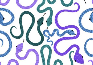 Noel çizgi filmlerindeki kusursuz yılan desenleri. Yeni yıl ambalaj kağıtları, kumaşlar, çarşaflar, çocuk giysileri baskıları ve şenlikli ambalajlar için. Yüksek kaliteli illüstrasyon