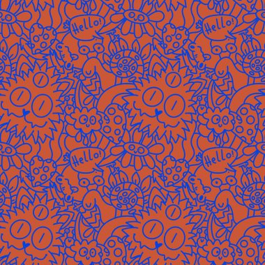 Çizgi filmlerdeki gibi dikişsiz bir canavar, kedi, kurbağa, salyangoz kumaş, çocuk giysisi baskısı, ambalaj kağıdı ve okul aksesuarları. Yüksek kaliteli illüstrasyon