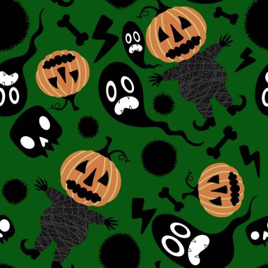 Cadılar Bayramı balkabakları kusursuz hasat canavarları desenli ambalaj kağıtları, kumaşlar, çarşaflar çocuk giysileri baskıları, şenlik aksesuarları ve sonbahar ambalajları. Yüksek kaliteli illüstrasyon