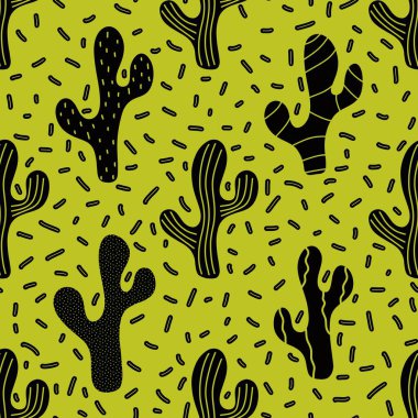 Kumaşlar, çarşaflar, ambalaj kağıtları, şenlikli ambalajlar, mayolar ve plaj aksesuarları için yaz çiçeksiz kaktüs deseni. Yüksek kaliteli illüstrasyon