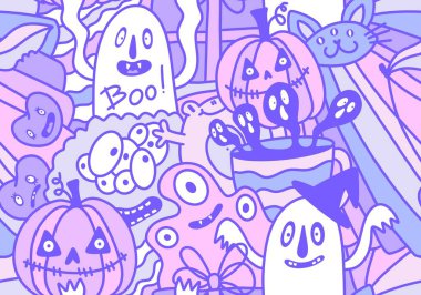 Cadılar Bayramı çizgi filmlerinde balkabağı ve hayalet desenleri ambalaj kağıdı, kumaş, çarşaf, çocuk giysisi baskısı, şenlik ambalajı ve sonbahar aksesuarları. Yüksek kaliteli illüstrasyon