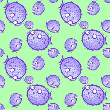 Çizgi filmlerdeki hayvanlar, ambalajsız balon balığı fugu desenli ambalaj kağıtları, kumaşlar, çarşaflar, çocuk giysileri baskıları, şenlikli ambalajlar ve yaz aksesuarları. Yüksek kaliteli illüstrasyon