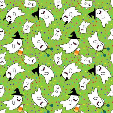 Cadılar Bayramı canavarları kağıt, kumaş, çarşaf, çocuk giysisi baskısı, şenlik ambalajı ve sonbahar aksesuarları için kusursuz hayalet desenleri. Yüksek kaliteli illüstrasyon