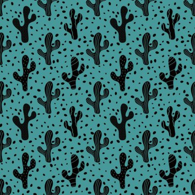 Kumaşlar, çarşaflar, ambalaj kağıtları, şenlikli ambalajlar, mayolar ve plaj aksesuarları için yaz çiçeksiz kaktüs deseni. Yüksek kaliteli illüstrasyon