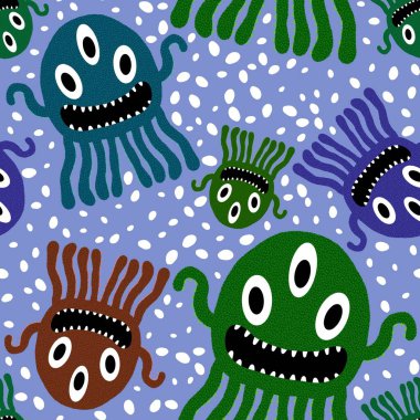 Çizgi film canavarları, ambalajsız ahtapot desenli kağıtlar ve çocuk giysileri baskılar, kumaşlar ve yaz aksesuarları ve festival ambalajları ve okul defterleri. Yüksek kaliteli illüstrasyon