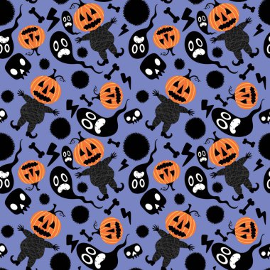 Cadılar Bayramı balkabakları kusursuz hasat canavarları desenli ambalaj kağıtları, kumaşlar, çarşaflar çocuk giysileri baskıları, şenlik aksesuarları ve sonbahar ambalajları. Yüksek kaliteli illüstrasyon