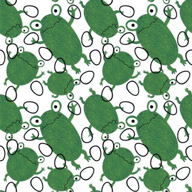 Paskalya yumurtaları ve hayvanlar kağıt, kumaş ve çarşaf sarmak için kusursuz kurbağa desenleri ve çocuk giysileri baskısı ve bayram ambalajı ve mutfak tekstili. Yüksek kaliteli illüstrasyon