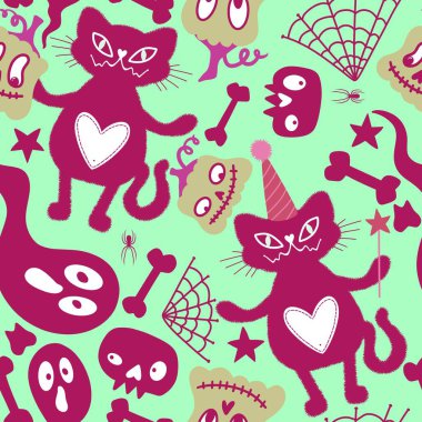 Cadılar Bayramı kedileri, pürüzsüz balkabakları kumaşlar, çarşaflar, çocuk giysileri baskıları, şenlikli aksesuarlar ve sonbahar ambalajları için hayalet desenleri. Yüksek kaliteli illüstrasyon