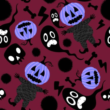 Cadılar Bayramı balkabakları kusursuz hasat canavarları desenli ambalaj kağıtları, kumaşlar, çarşaflar çocuk giysileri baskıları, şenlik aksesuarları ve sonbahar ambalajları. Yüksek kaliteli illüstrasyon