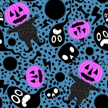 Cadılar Bayramı balkabakları kusursuz hasat canavarları desenli ambalaj kağıtları, kumaşlar, çarşaflar çocuk giysileri baskıları, şenlik aksesuarları ve sonbahar ambalajları. Yüksek kaliteli illüstrasyon