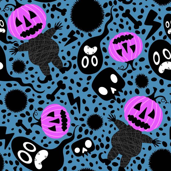 Хэллоуин тыквы плавный урожай монстров шаблон для упаковки бумаги и тканей и постельное белье и детская одежда печать и праздничные аксессуары и осенняя упаковка. Высокое качество иллюстрации