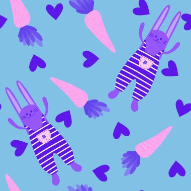 Paskalya çizgi filminde havuç deseni ambalaj kağıdı, kumaş, çarşaf, mutfak tekstili, şenlikli ambalaj ve bahar aksesuarları için. Yüksek kaliteli illüstrasyon