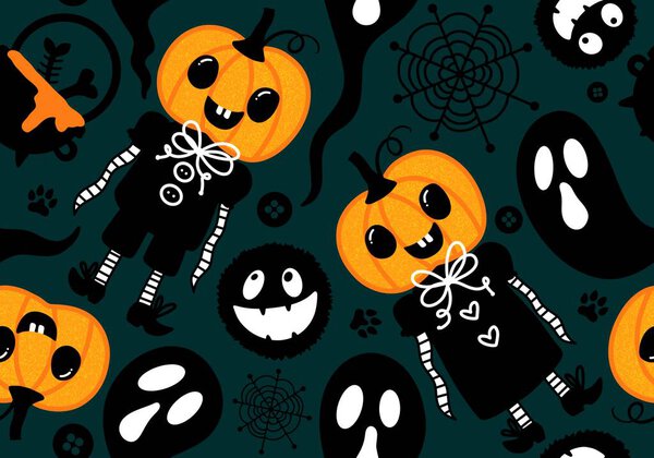 Мультфильм на Хэллоуин: безшиповые игрушки и монстры, призрачный узор для обертывания бумаги и постельного белья, праздничная упаковка и осенние аксессуары. Высокое качество иллюстрации