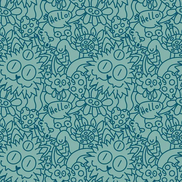 Cartoon doodle seamless monster and cat and frogs and snails pattern for fabrics and kids clothes print and wrapping paper and festive packaging and school accessories. High quality illustration