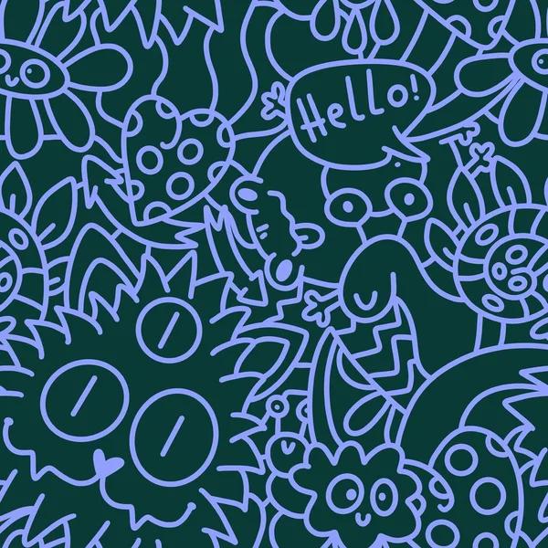 Cartoon doodle seamless monster and cat and frogs and snails pattern for fabrics and kids clothes print and wrapping paper and festive packaging and school accessories. High quality illustration
