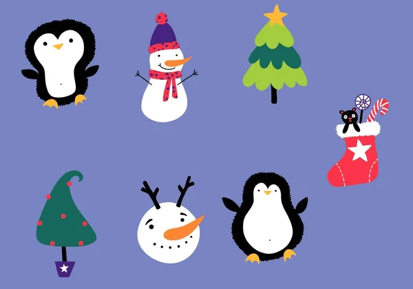 Christmas cartoon doodle set Santa and penguin and snowman pattern for wrapping paper and fabrics and kids clothes print and new year packaging and winter accessories. High quality illustration