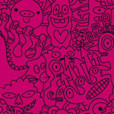 Çizgi film canavarları, ambalaj kağıtları, kumaşlar, çarşaflar, çocuk aksesuarları, moda tekstilleri ve bayram ambalajları için kusursuz bir Cadılar Bayramı deseni. Yüksek kaliteli illüstrasyon