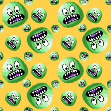 Çizgi film canavarları kağıt, kumaş, çarşaf, çocuk giysisi baskısı ve şenlikli ambalaj için kusursuz tüysüz uzaylı desenleri. Yüksek kaliteli illüstrasyon