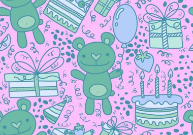 Çizgi filmlerdeki hayvanlar, ayılar, balonlar, pasta ve kumaşlar ve çocuk kıyafetleri için hediye paketi desenli kusursuz doğum günü partileri. Yüksek kaliteli illüstrasyon