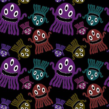 Çizgi film canavarları, ambalajsız ahtapot desenli kağıtlar ve çocuk giysileri baskılar, kumaşlar ve yaz aksesuarları ve festival ambalajları ve okul defterleri. Yüksek kaliteli illüstrasyon