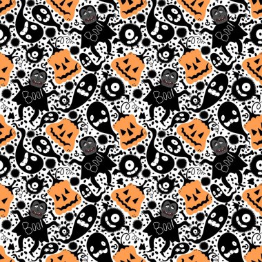 Cadılar Bayramı çizgi filmlerinde kusursuz vampirler, canavarlar, balkabakları ve hayalet desenleri ambalaj kağıtları, kumaşlar, sonbahar aksesuarları ve şenlikli ambalajlar. Yüksek kaliteli illüstrasyon