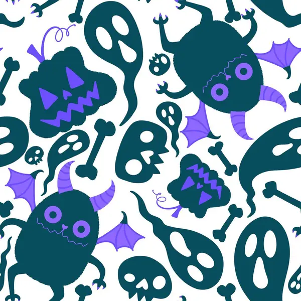 Cartoon Halloween monsters seamless bats and pumpkins and ghost and bones pattern for wrapping paper and fabrics and linens and autumn accessories and festive packaging. High quality illustration