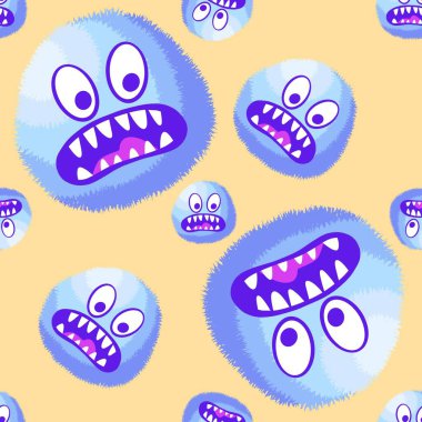 Çizgi film canavarları kağıt, kumaş, çarşaf, çocuk giysisi baskısı ve şenlikli ambalaj için kusursuz tüysüz uzaylı desenleri. Yüksek kaliteli illüstrasyon